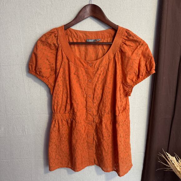 Apt. 9 Size L Orange Cheetah Print Sheer Button Front Short Sleeve Top - Picture 2 of 10